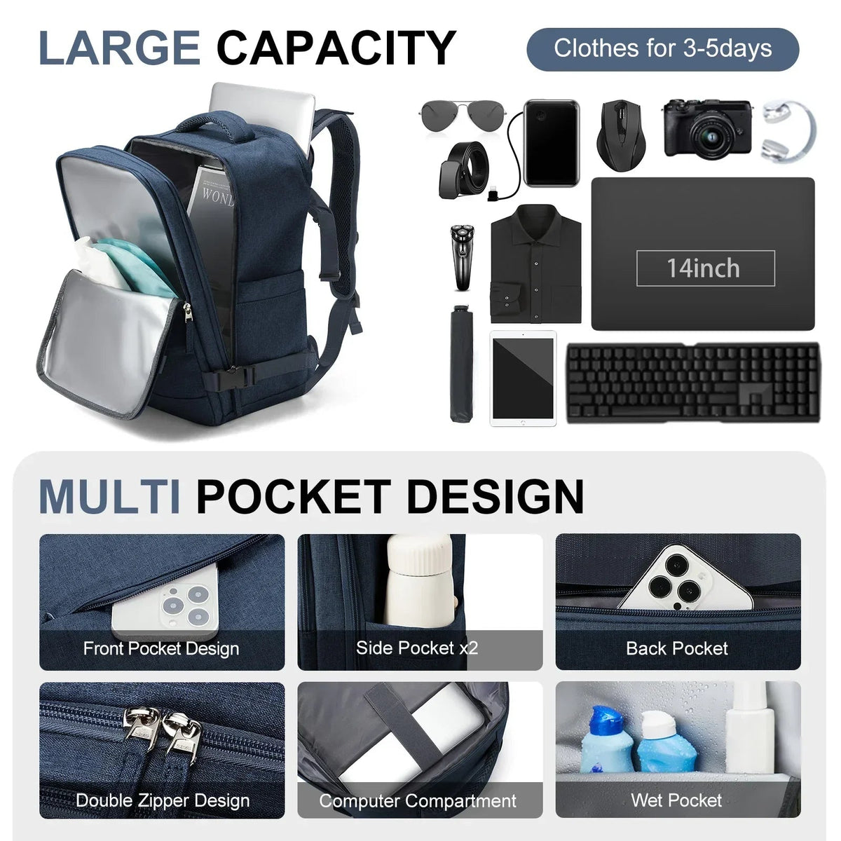 Travel Backpack Water-Resistant & Wet-Dry Compartment 15.6in Laptop Pocket
