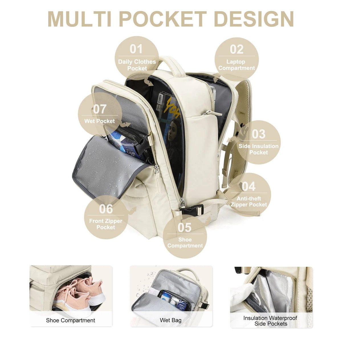 Travel Backpack Waterproof Nylon 35L Ergonomic Padded Straps