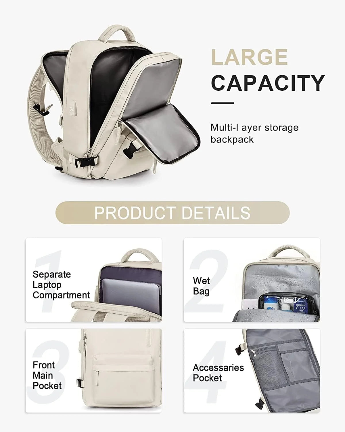 Travel Backpack Waterproof Padded 14-Inch Laptop & Shoe Compartment