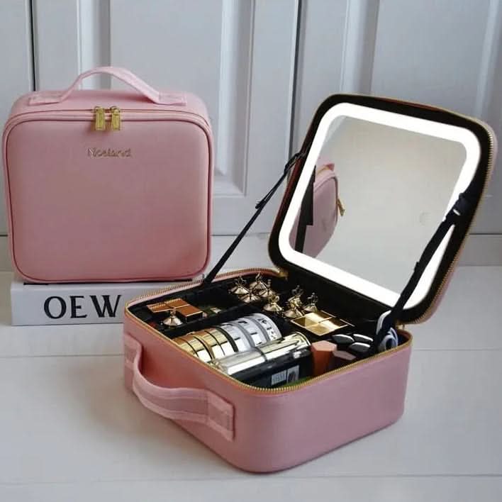 Travel Cosmetic Bag Dimmable LED Mirror USB Rechargeable Organizer