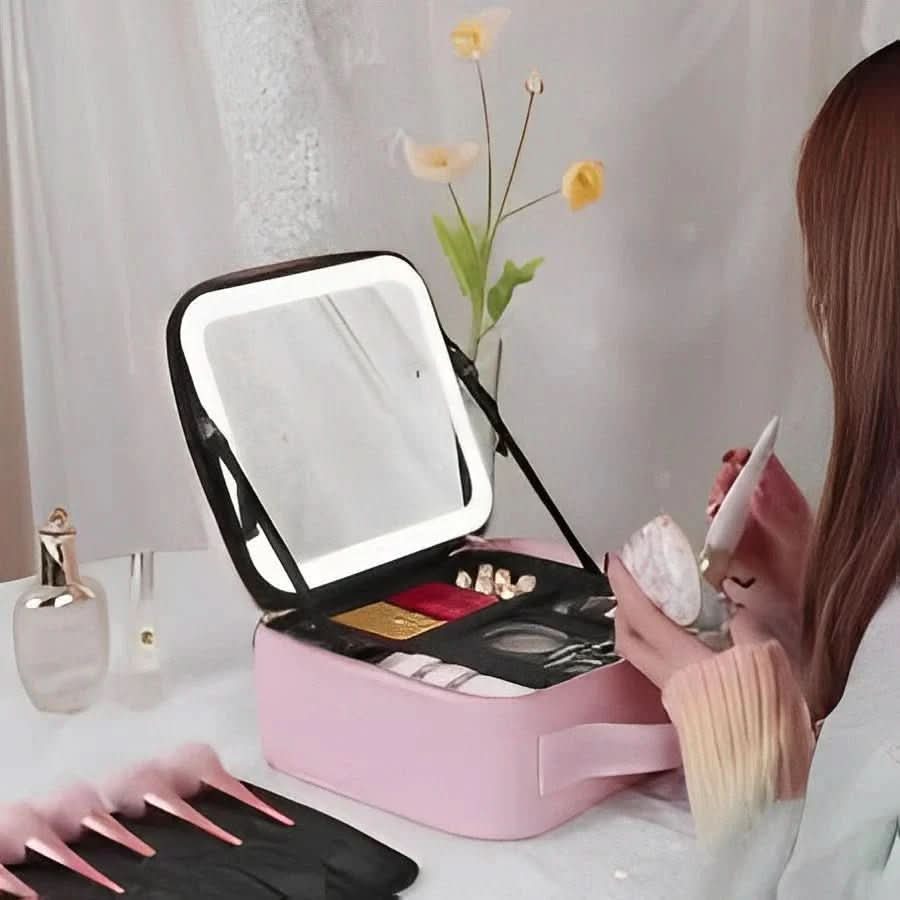 Travel Cosmetic Bag Dimmable LED Mirror USB Rechargeable Organizer