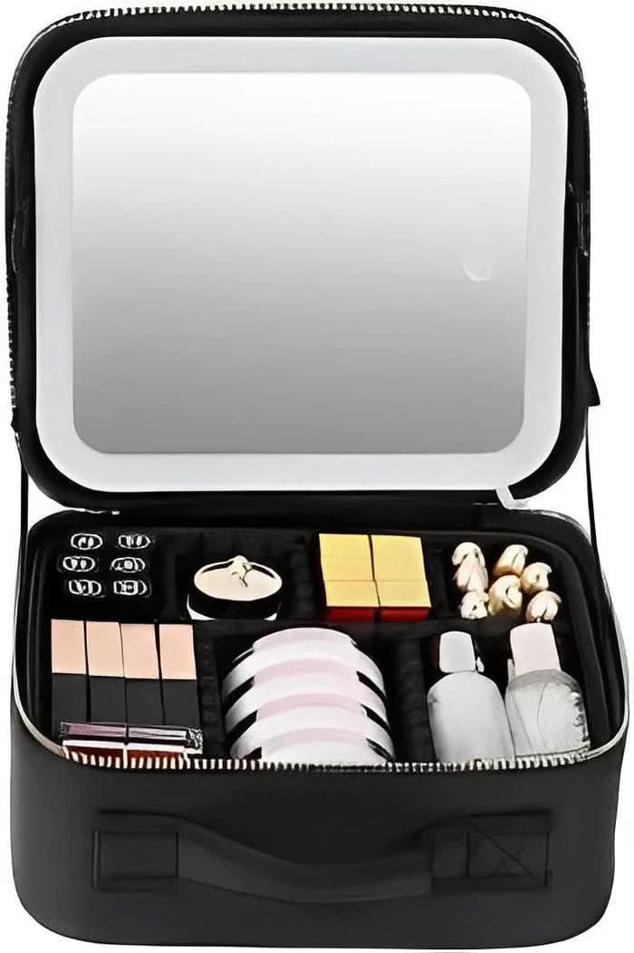 Travel Cosmetic Bag Dimmable LED Mirror USB Rechargeable Organizer