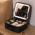 Travel Makeup Case LED Mirror Multiple Compartments Vegan Leather