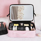 Travel Makeup Case LED Mirror Multiple Compartments Vegan Leather