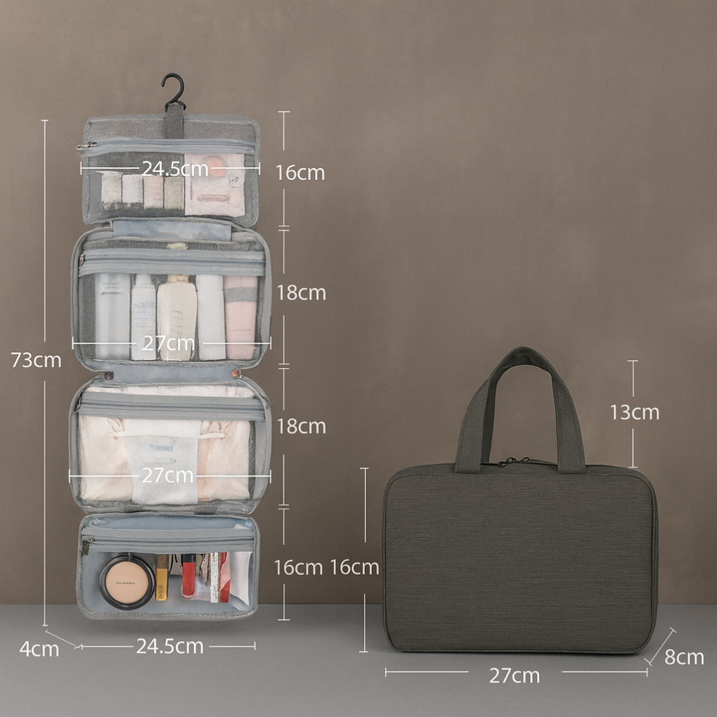 Travel Toiletries Organizer Multi-Compartment Waterproof With Hanging Hook