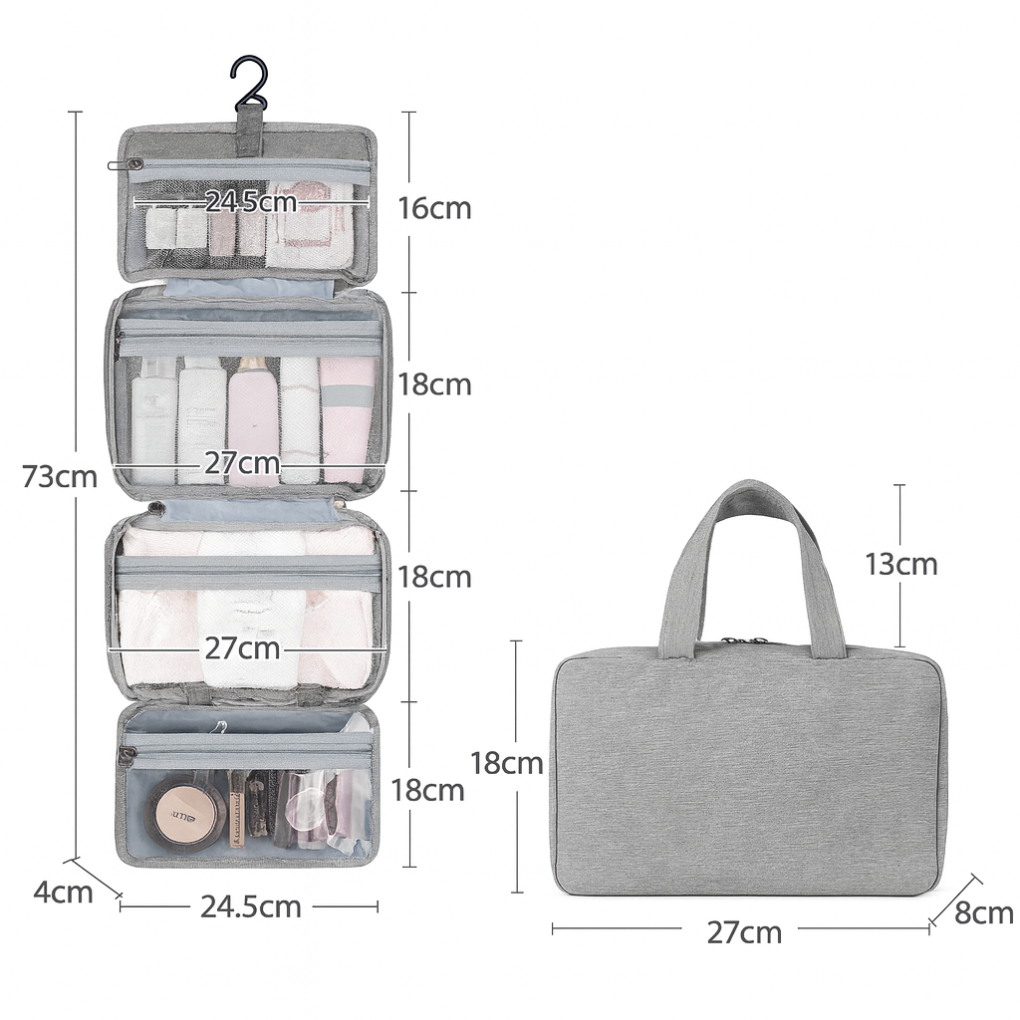 Travel Toiletries Organizer Multi-Compartment Waterproof With Hanging Hook