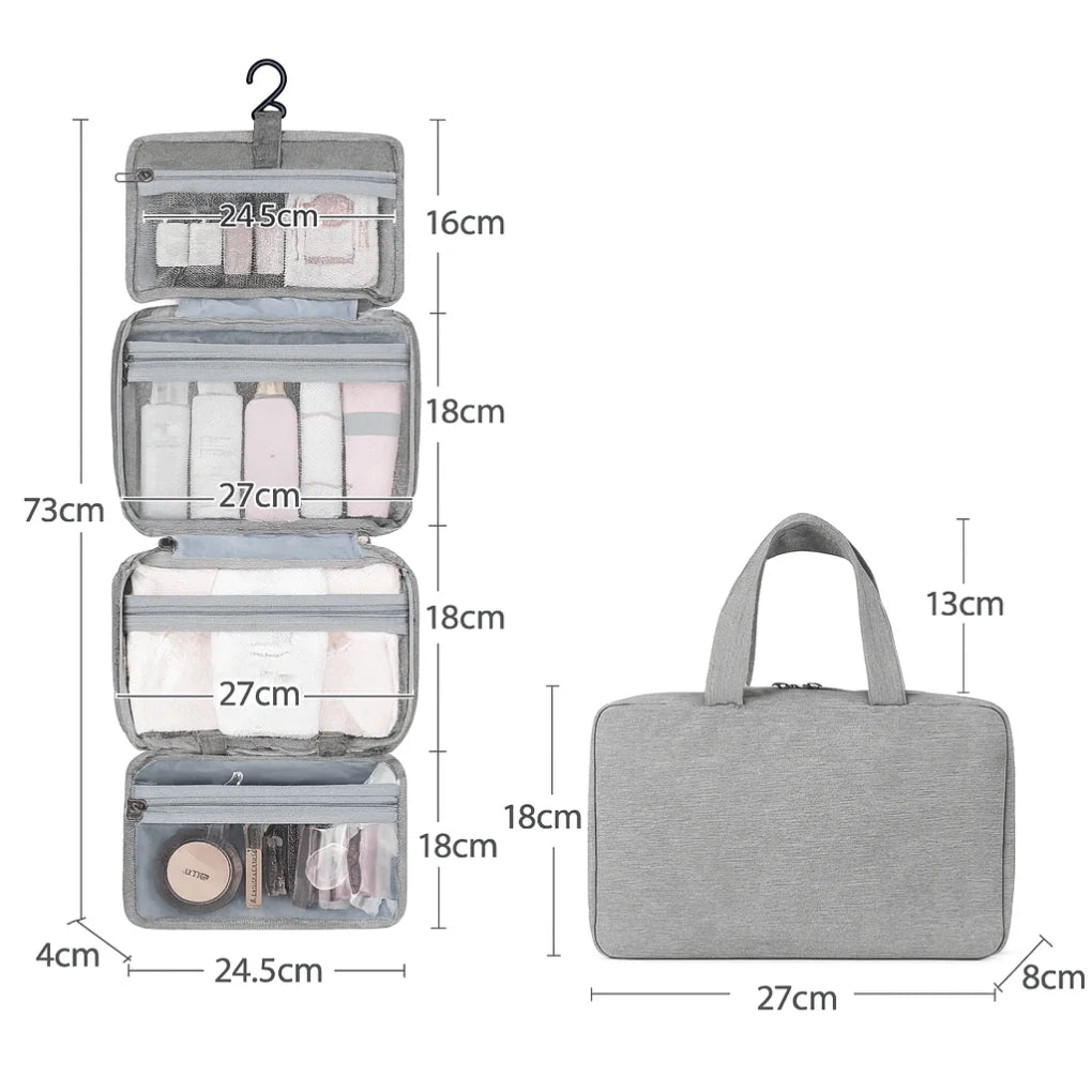Travel Toiletry Bag Waterproof Polyester Multiple Compartments Hanging Hook