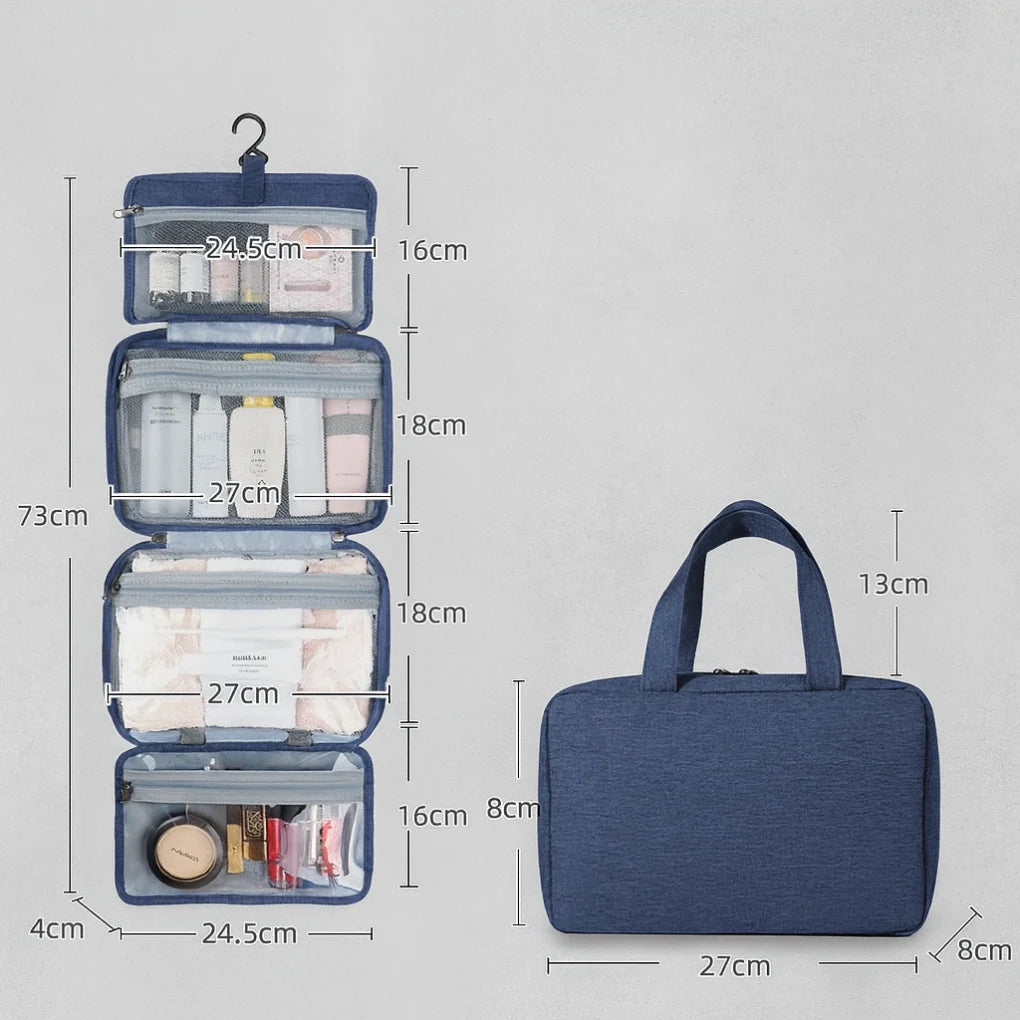 Travel Toiletry Bag Waterproof Polyester Multiple Compartments Hanging Hook