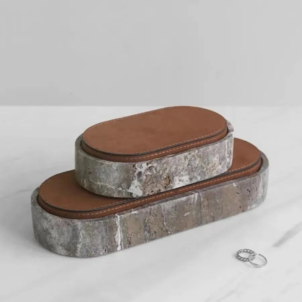 Travertine Stone & PU Leather Jewelry Storage Box
