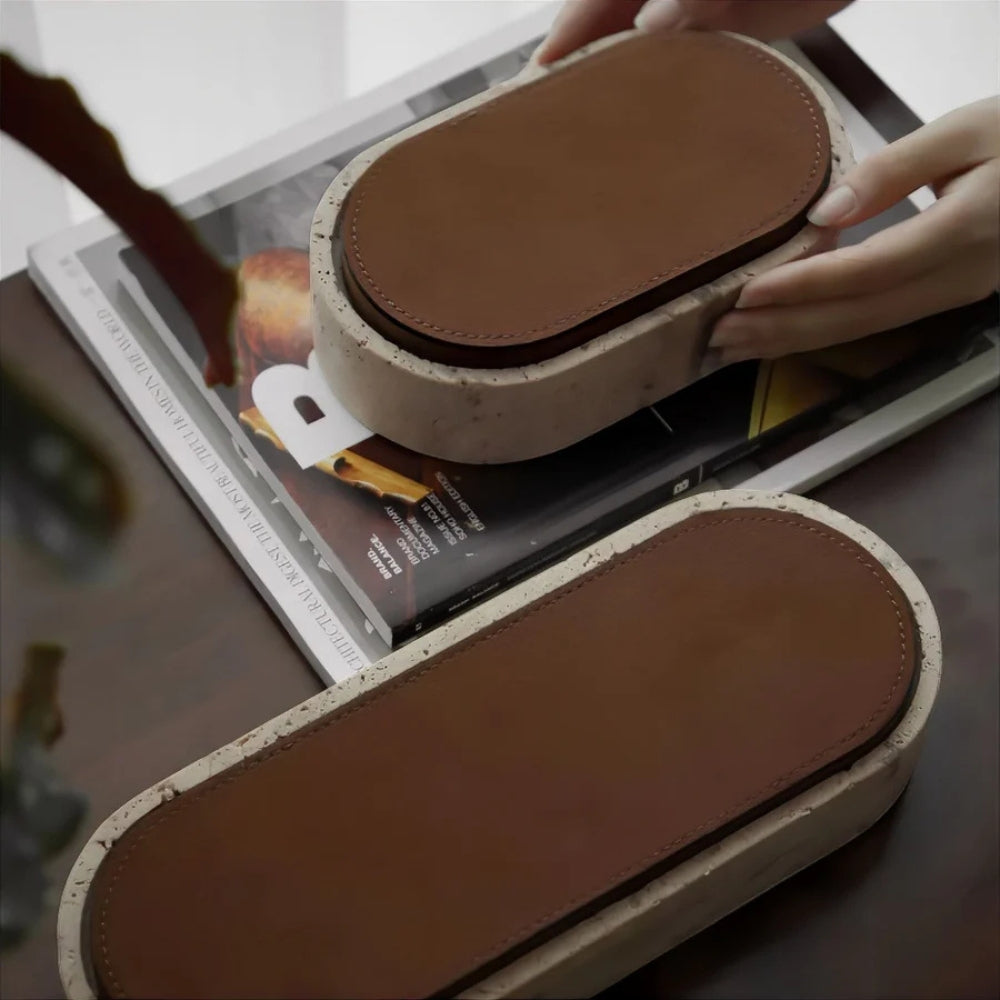 Travertine Stone & PU Leather Jewelry Storage Box