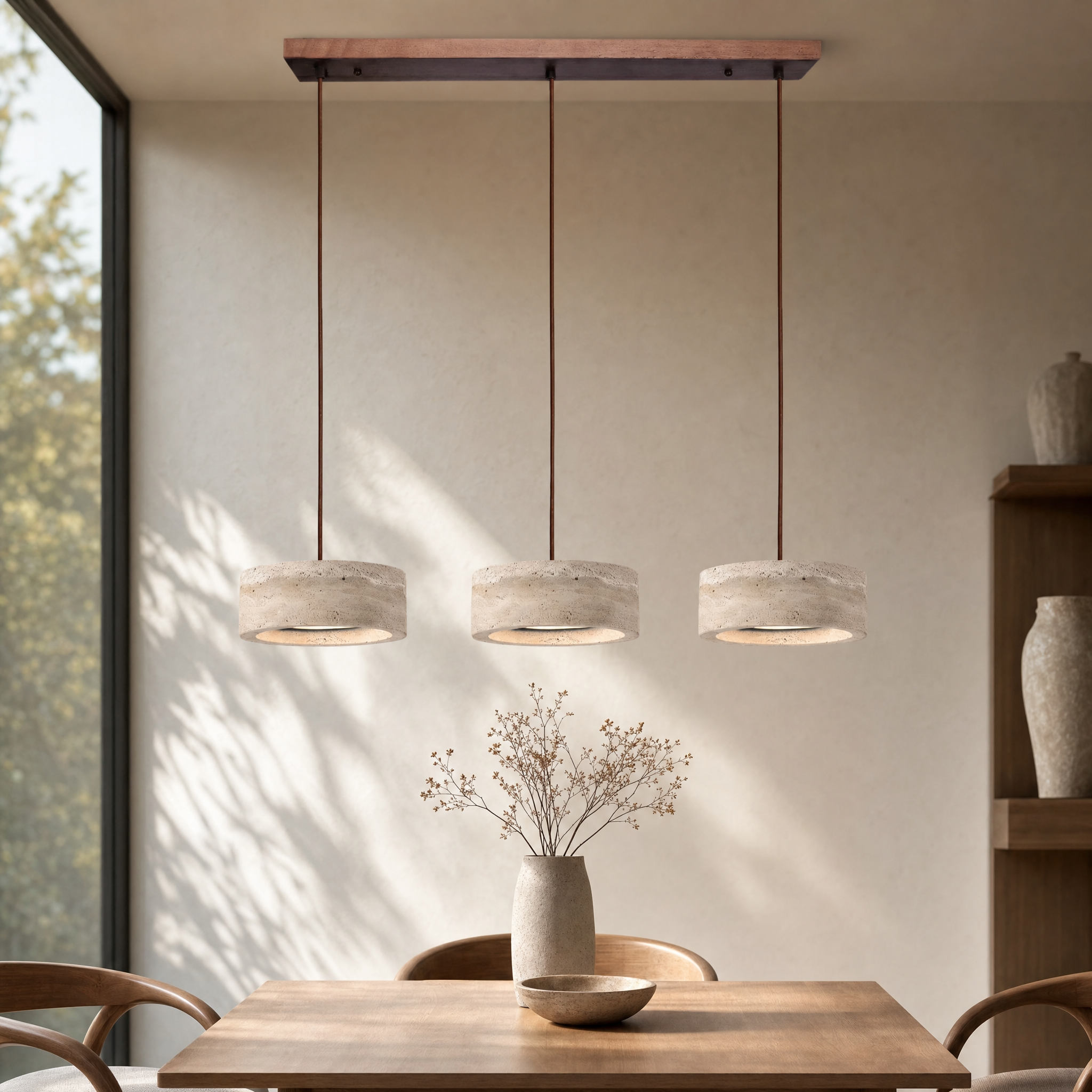 Travertine Stone & Wood Dimmable LED Pendant Light (Height-Adjustable)