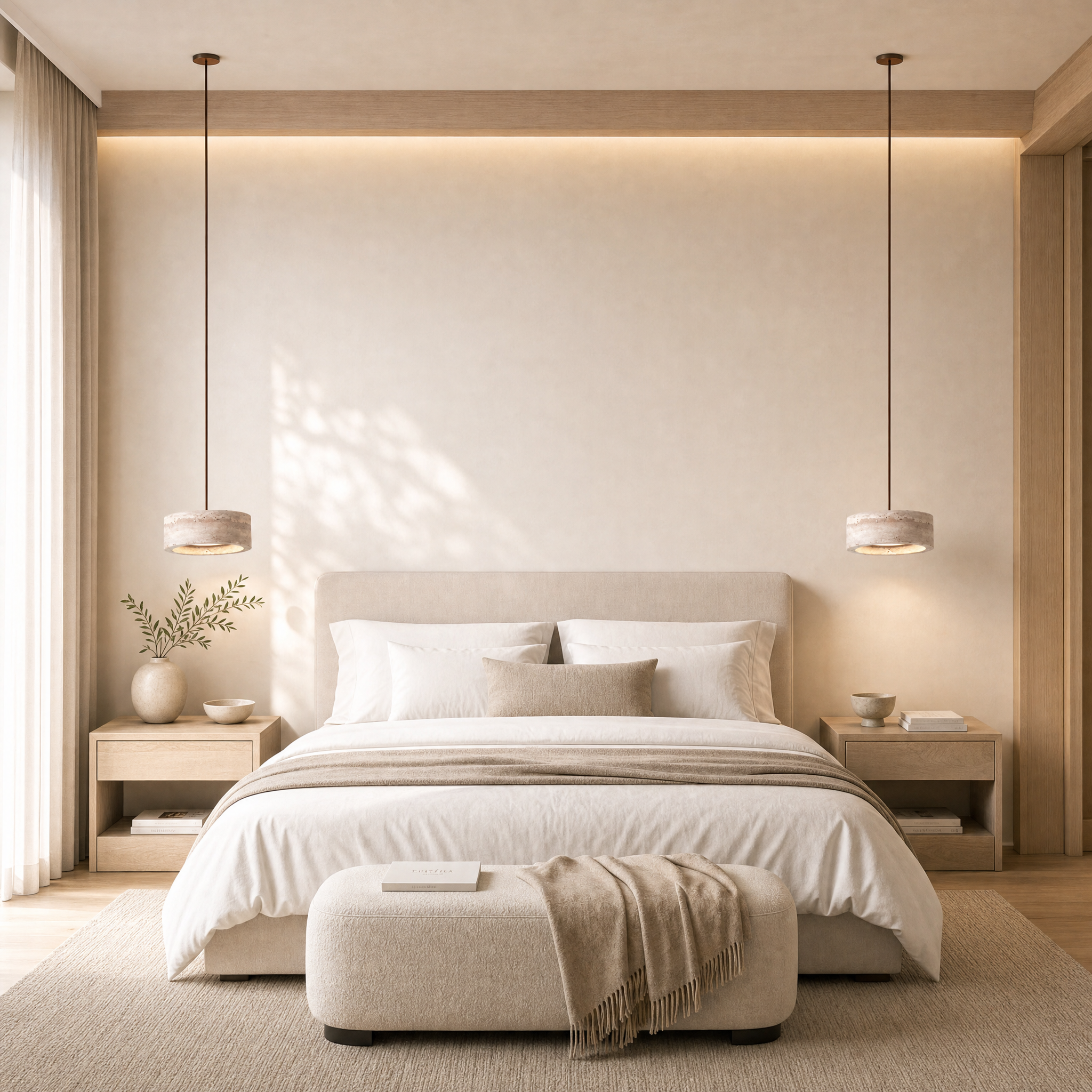 Travertine Stone & Wood Dimmable LED Pendant Light (Height-Adjustable)