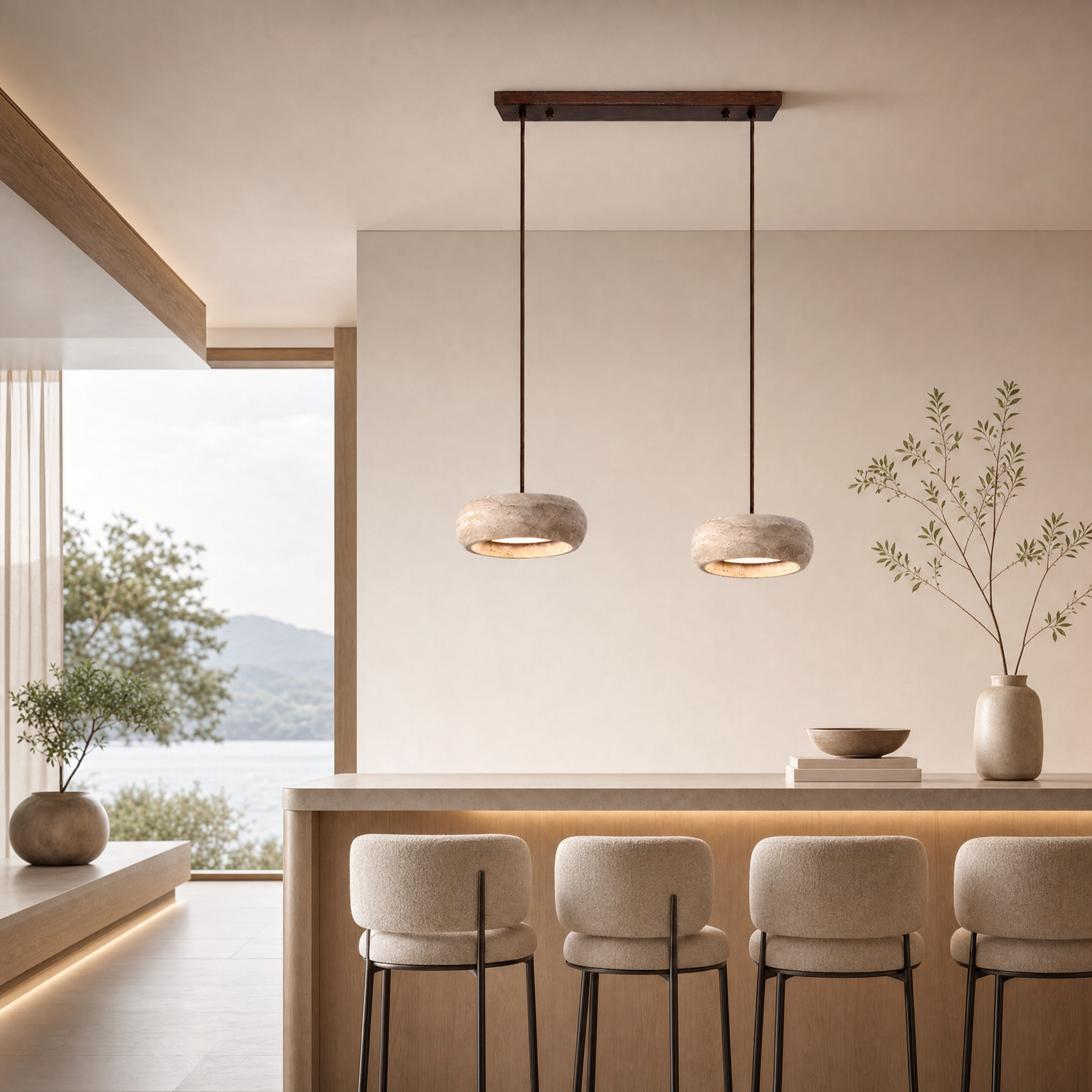 Travertine Stone & Wood Dimmable LED Pendant Light (Height-Adjustable)