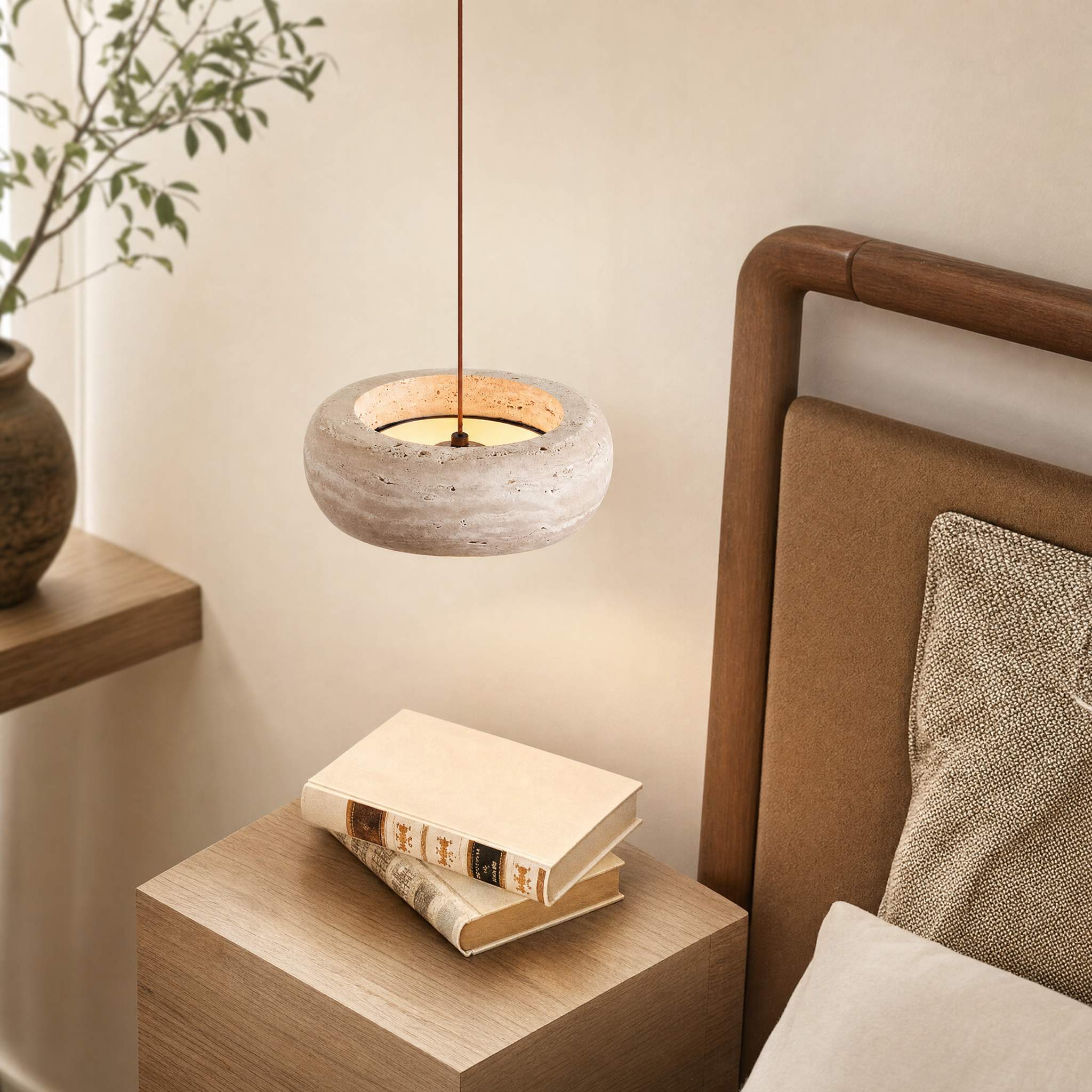 Travertine Stone & Wood Dimmable LED Pendant Light (Height-Adjustable)