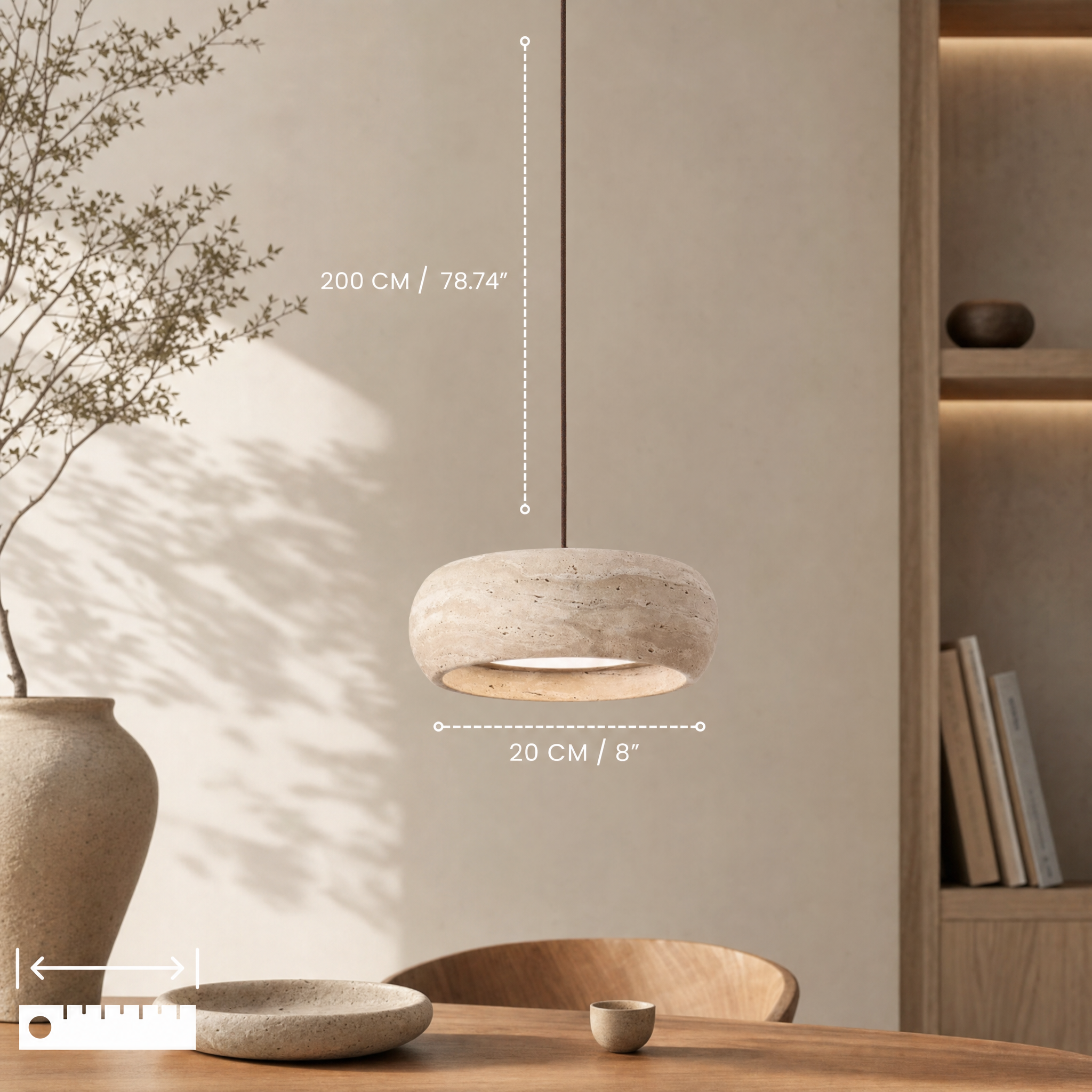 Travertine Stone & Wood Dimmable LED Pendant Light (Height-Adjustable)