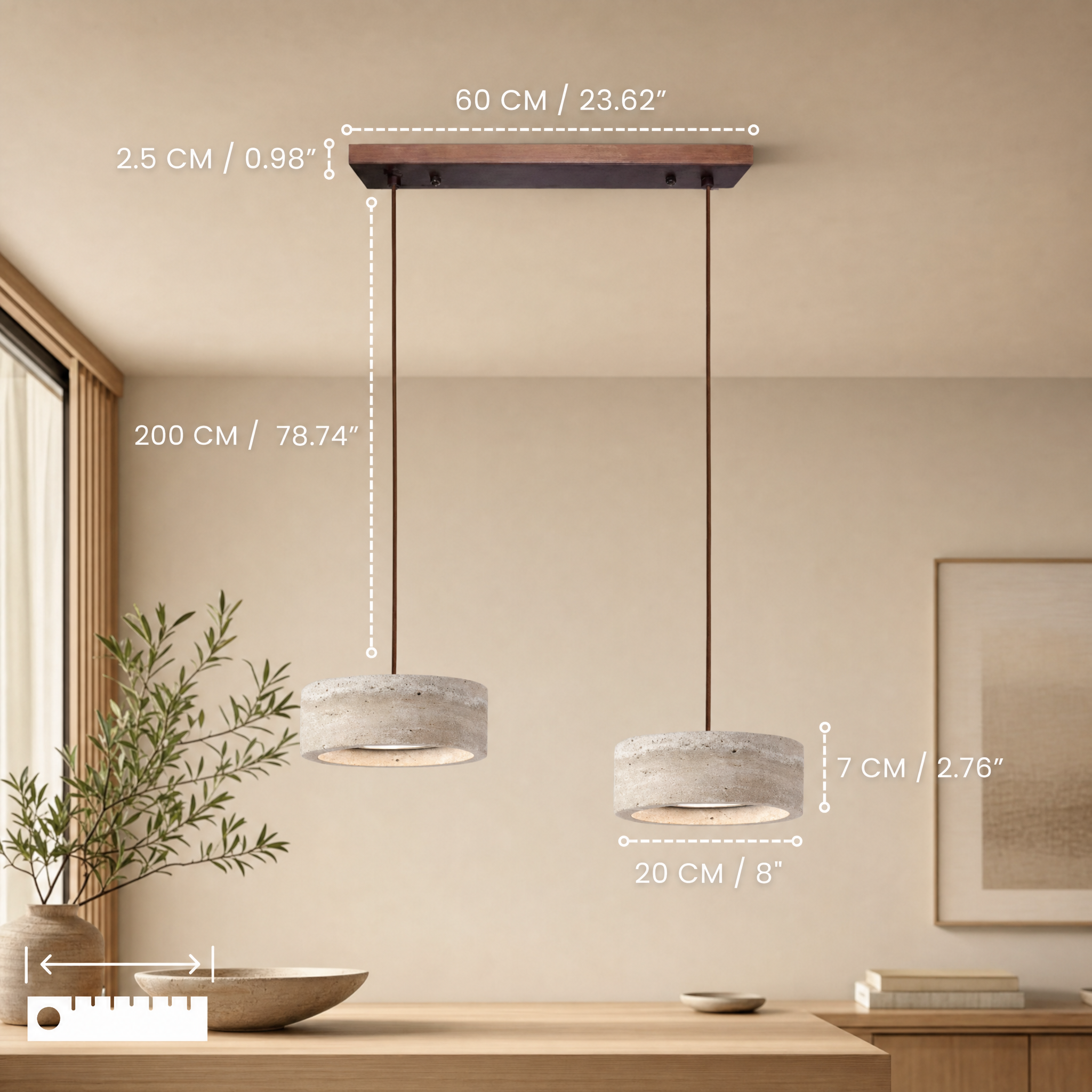 Travertine Stone & Wood Dimmable LED Pendant Light (Height-Adjustable)