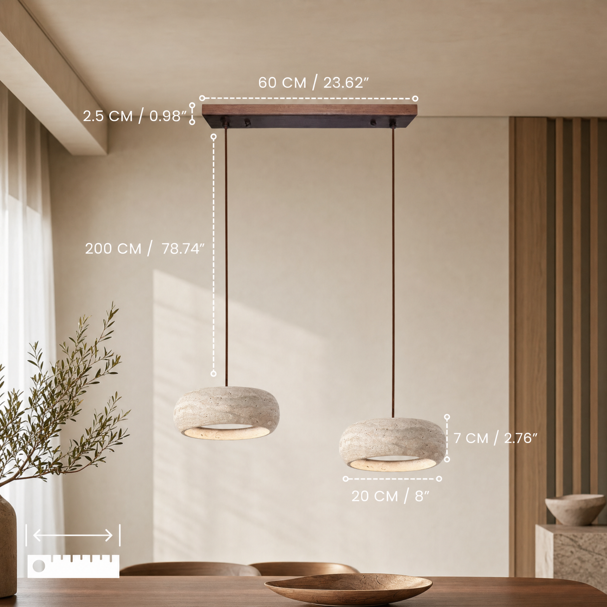 Travertine Stone & Wood Dimmable LED Pendant Light (Height-Adjustable)