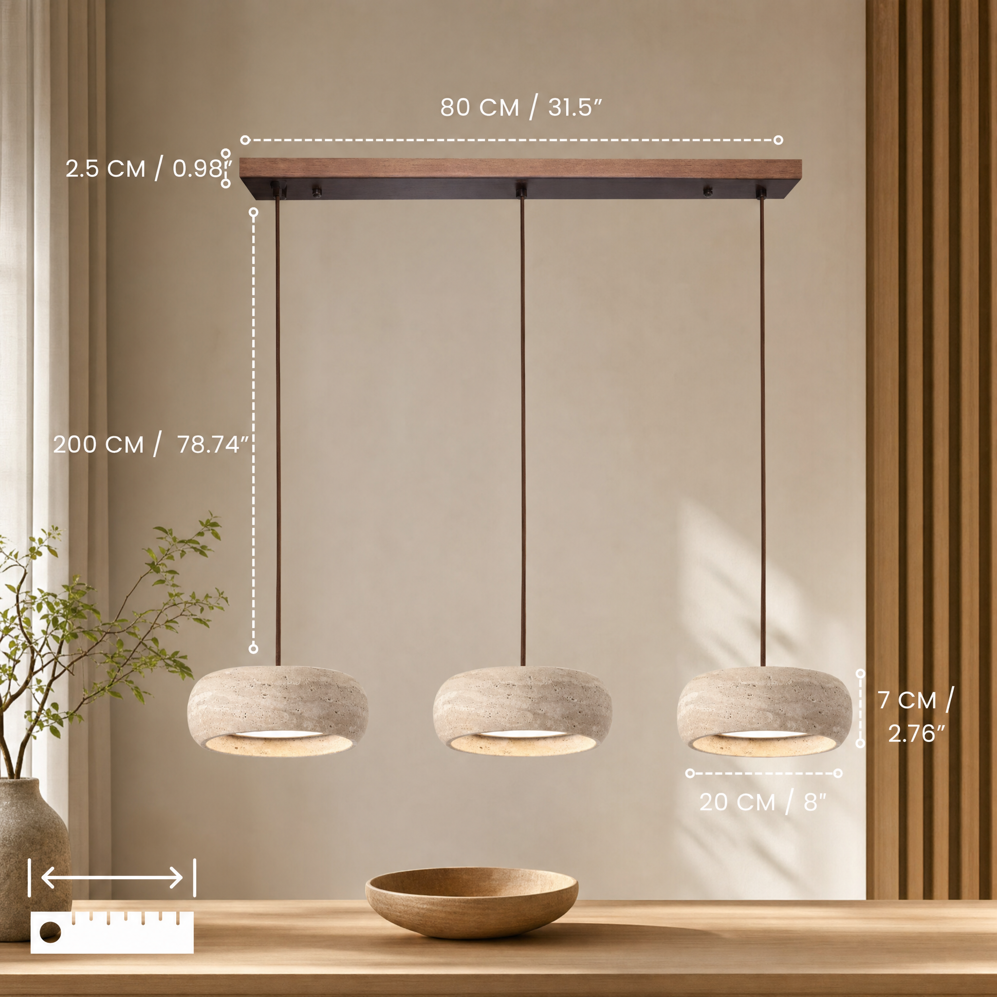 Travertine Stone & Wood Dimmable LED Pendant Light (Height-Adjustable)
