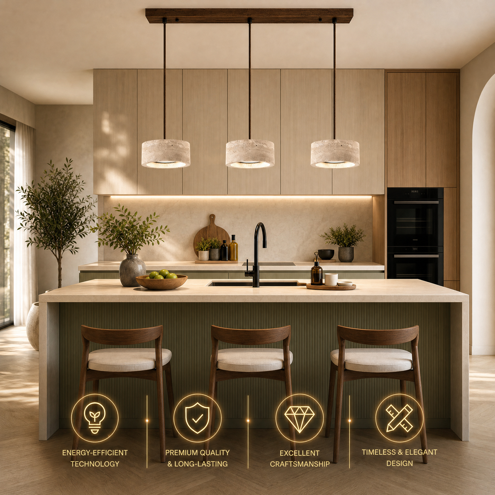 Travertine Stone & Wood Dimmable LED Pendant Light (Height-Adjustable)