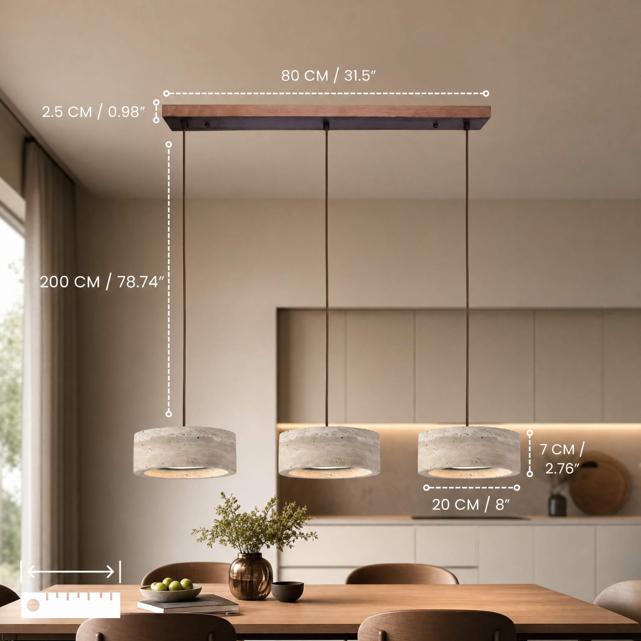 Travertine Stone & Wood Dimmable LED Pendant Light (Height-Adjustable)