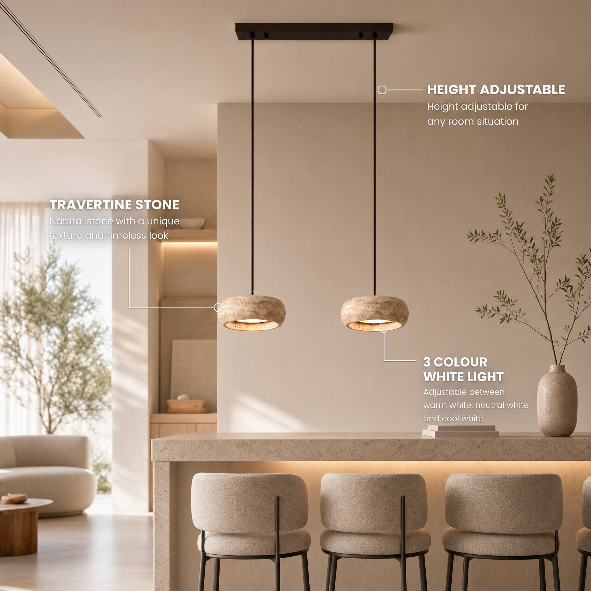 Travertine Stone & Wood Dimmable LED Pendant Light (Height-Adjustable)
