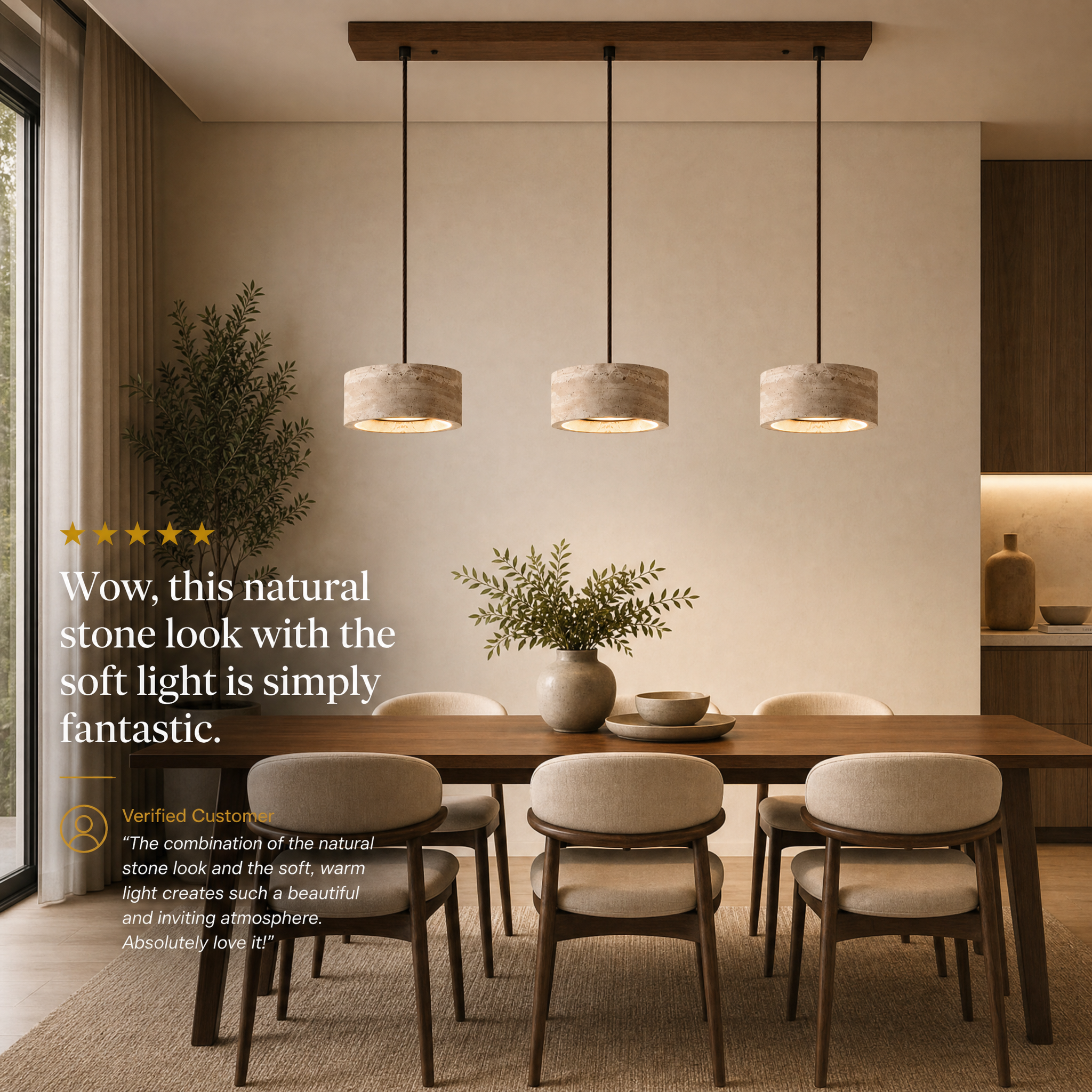 Travertine Stone & Wood Dimmable LED Pendant Light (Height-Adjustable)