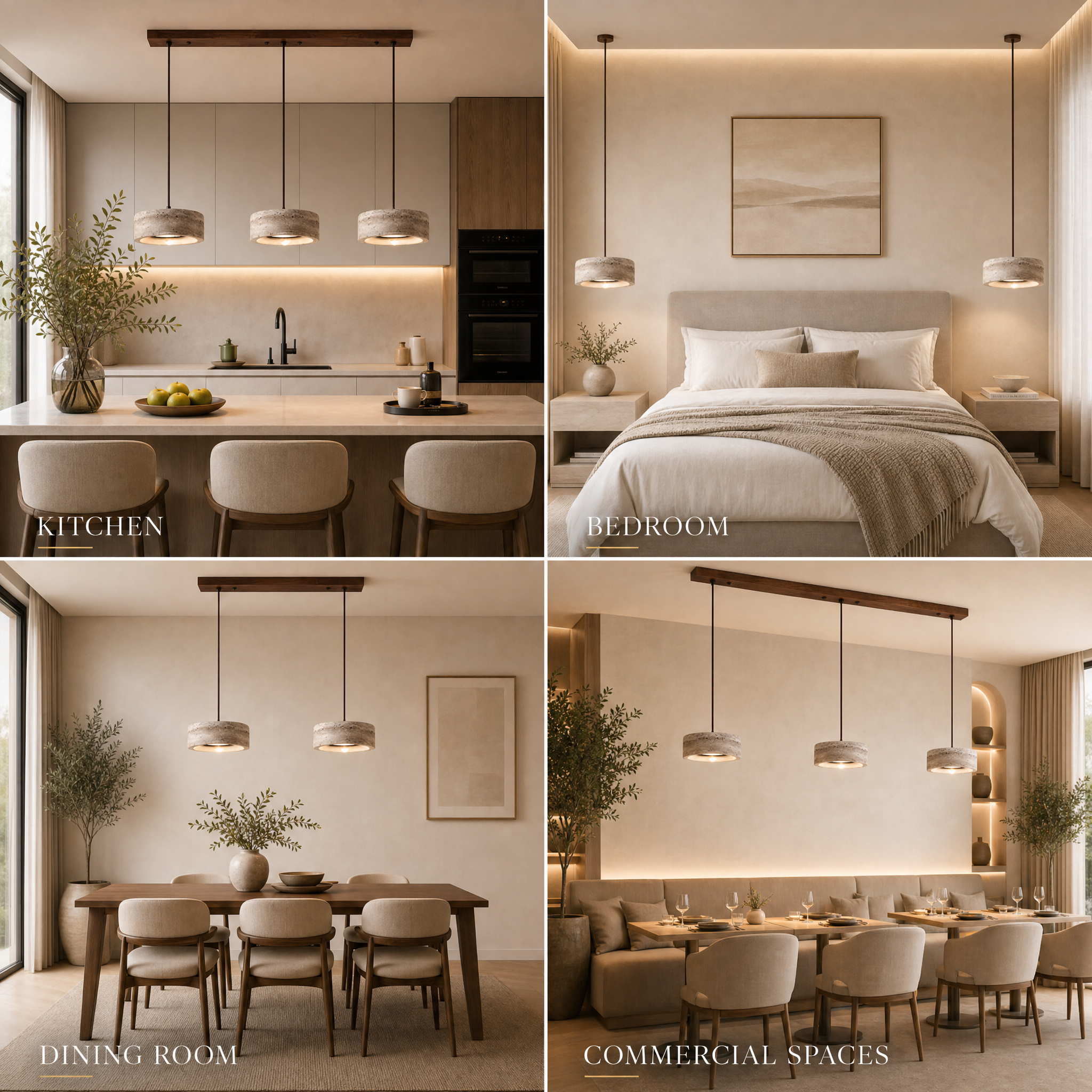 Travertine Stone & Wood Dimmable LED Pendant Light (Height-Adjustable)