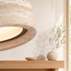 Travertine Stone & Wood Dimmable LED Pendant Light (Height-Adjustable)