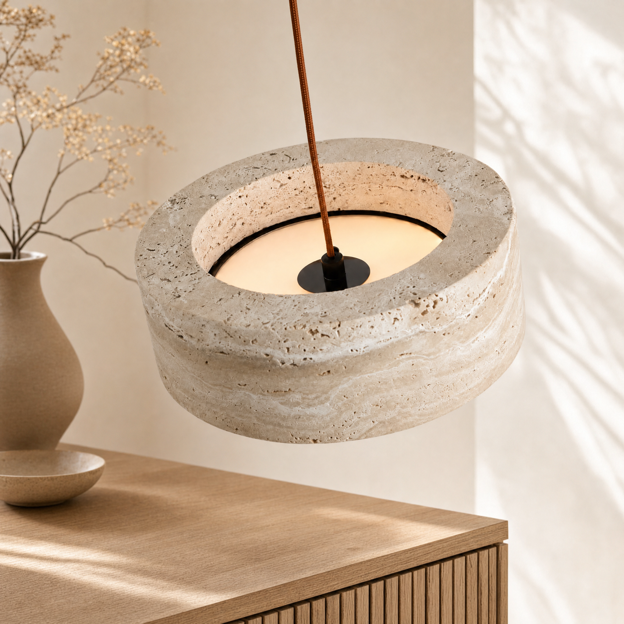 Travertine Stone & Wood Dimmable LED Pendant Light (Height-Adjustable)