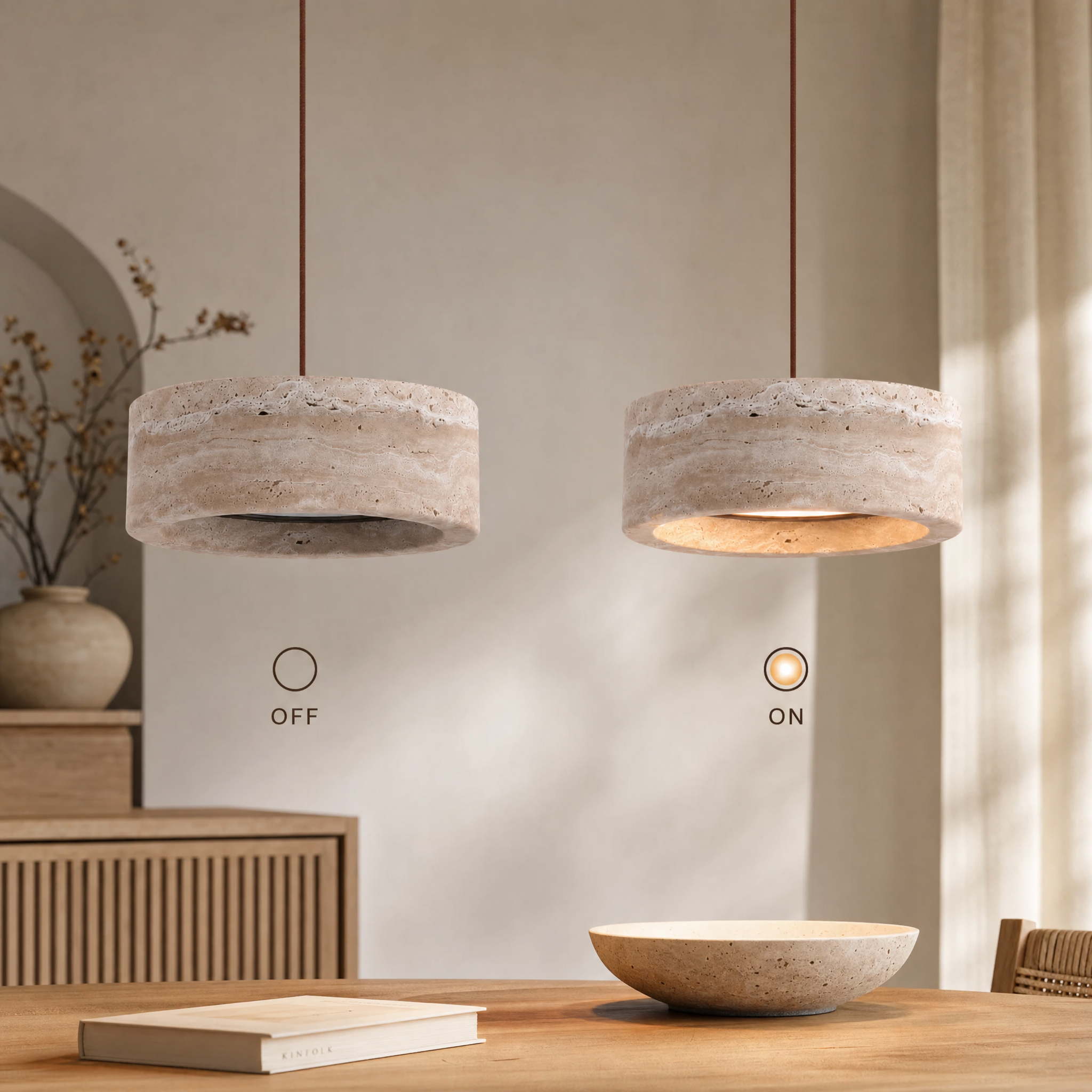 Travertine Stone & Wood Dimmable LED Pendant Light (Height-Adjustable)