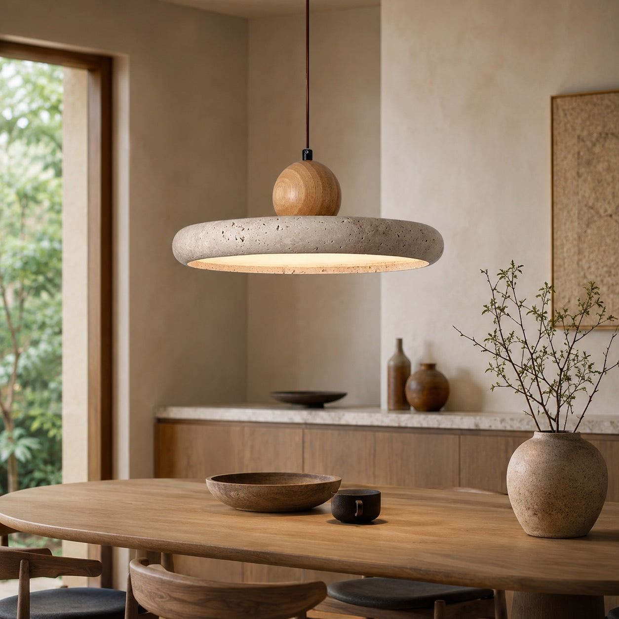 Travertine Stone & Wood LED Pendant Light