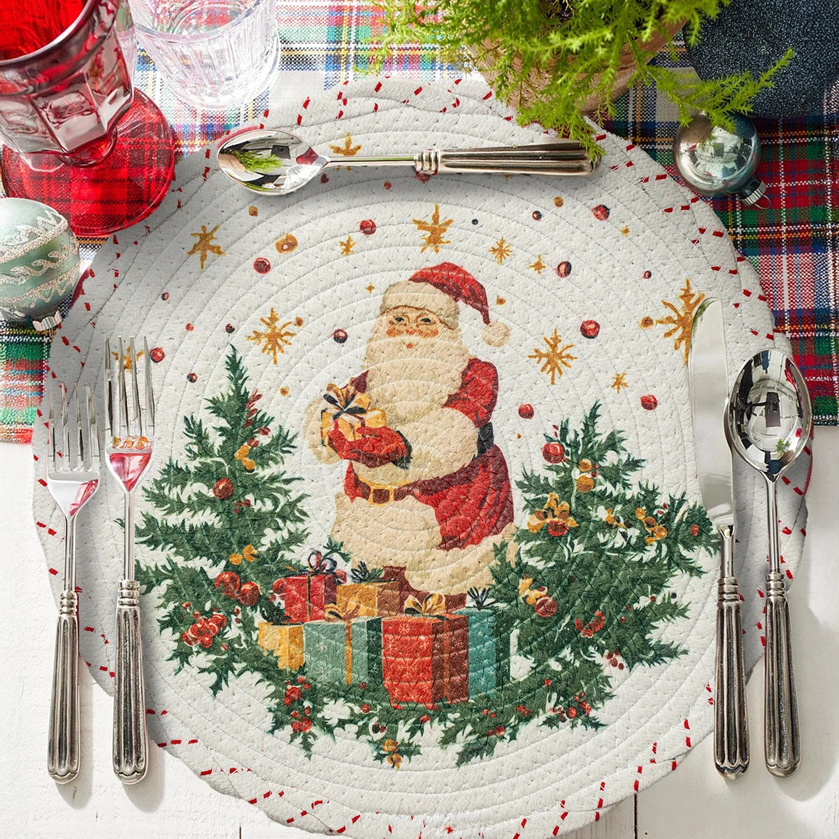 Tree Skirt Braided Cotton Quilted Winter Motif Conceals Stand