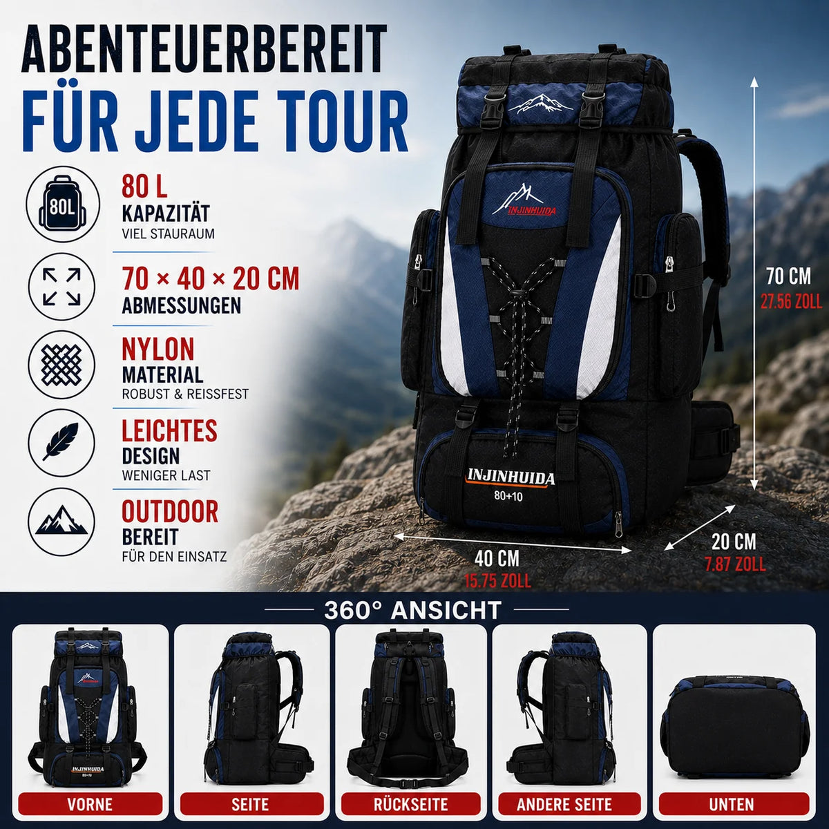 Trekking Backpack 80L Water-Repellent Padded Hip Belt