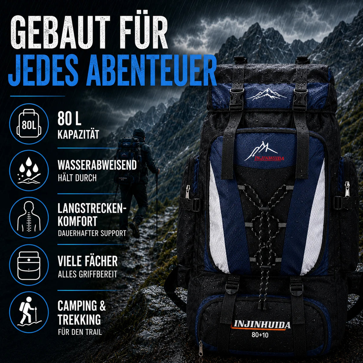 Trekking Backpack 80L Water-Repellent Padded Hip Belt