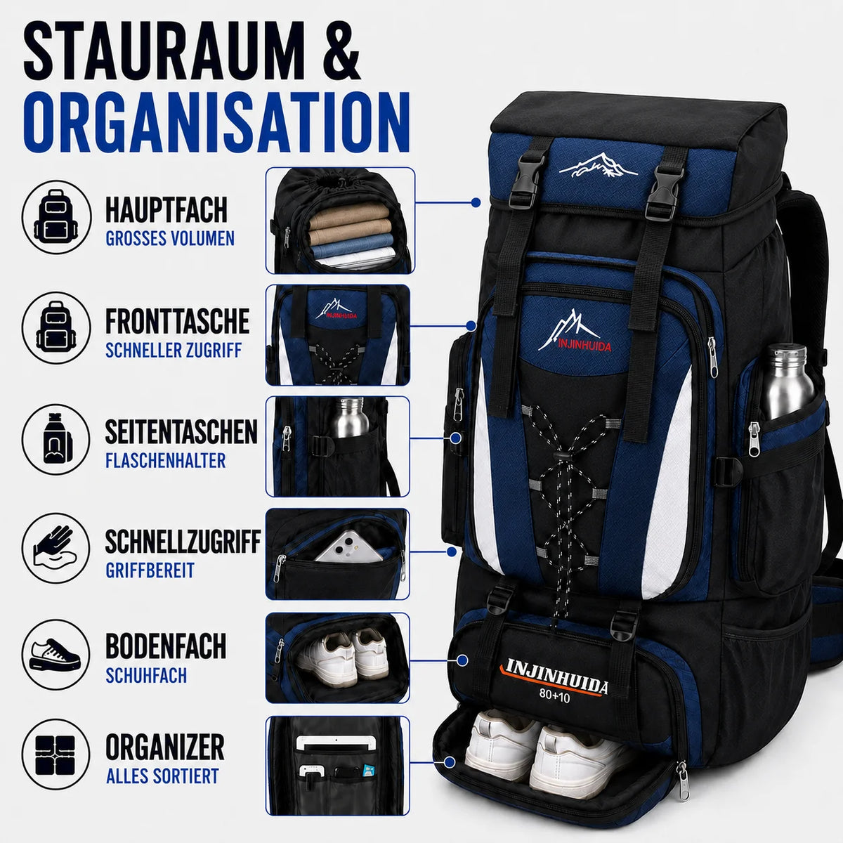 Trekking Backpack 80L Water-Repellent Padded Hip Belt