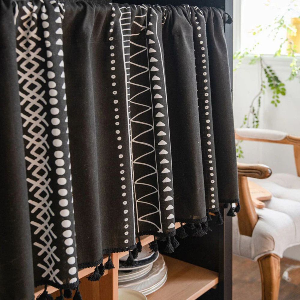 Tribal Geometric Linen Cabinet Curtain With Tassels (Rod Pocket)