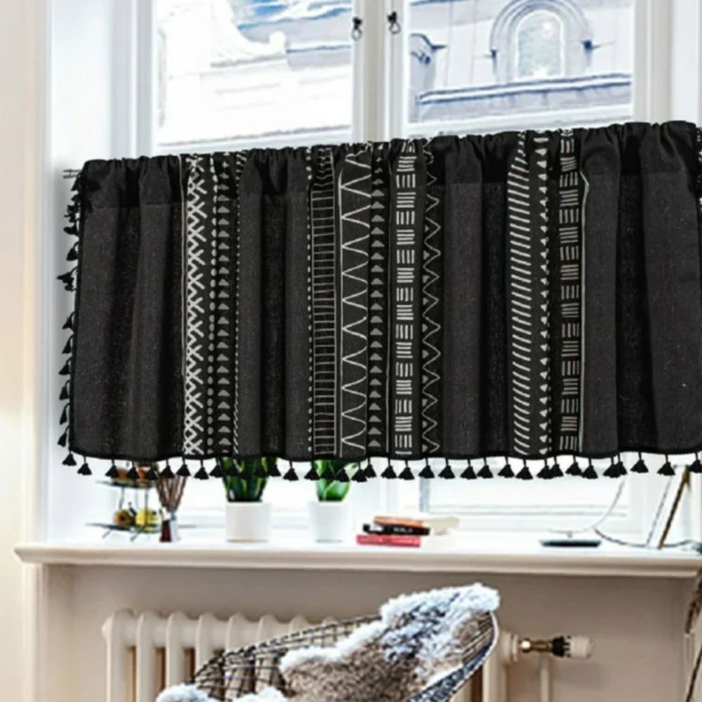 Tribal Geometric Linen Cabinet Curtain With Tassels (Rod Pocket)