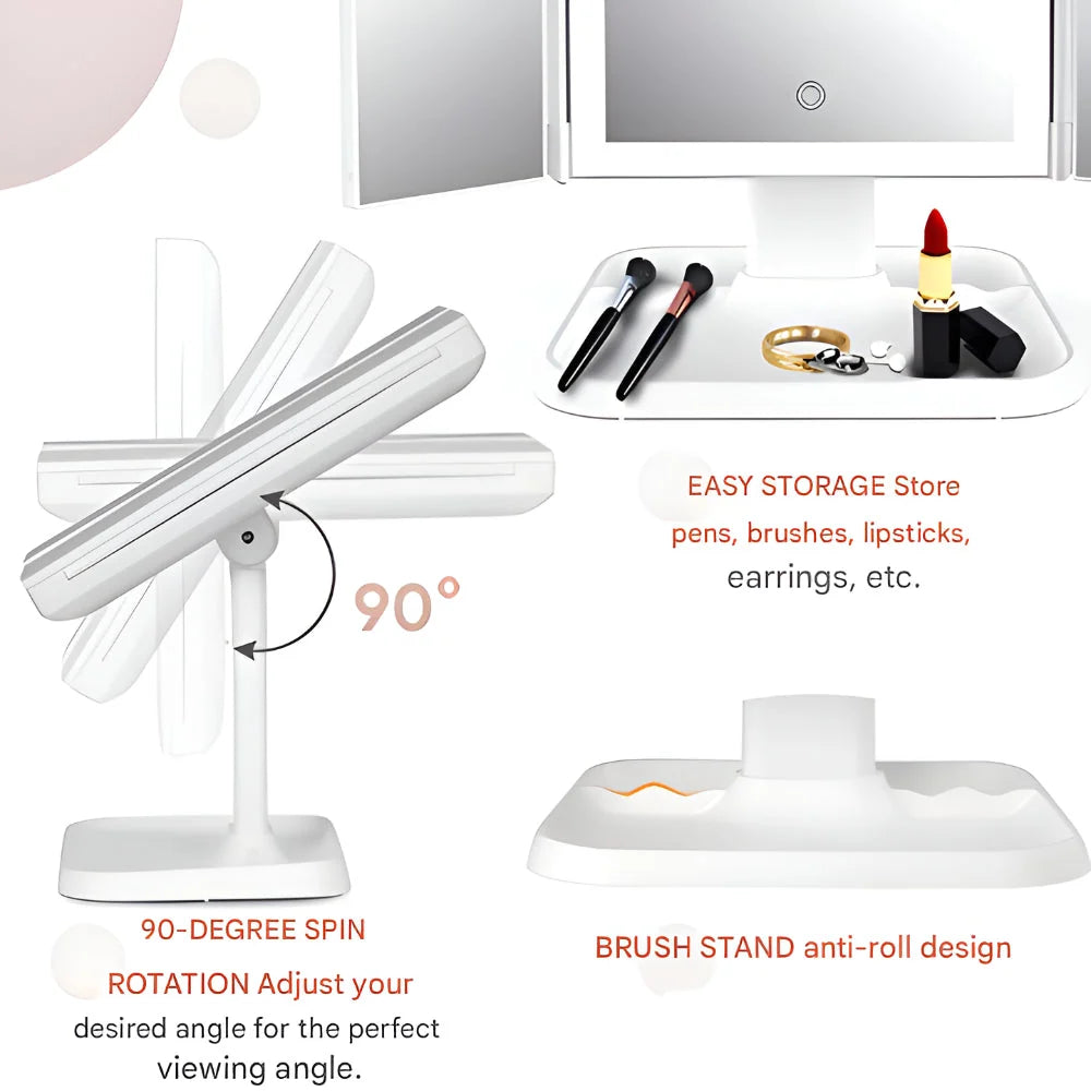 Trifold Vanity Mirror LED 2x & 3x Magnification USB-C