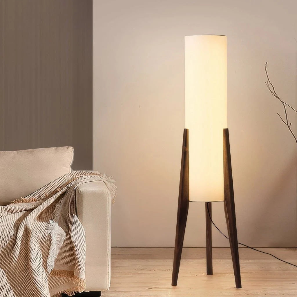Tripod Floor Lamp Tall Fabric Shade Tapered Wooden Legs