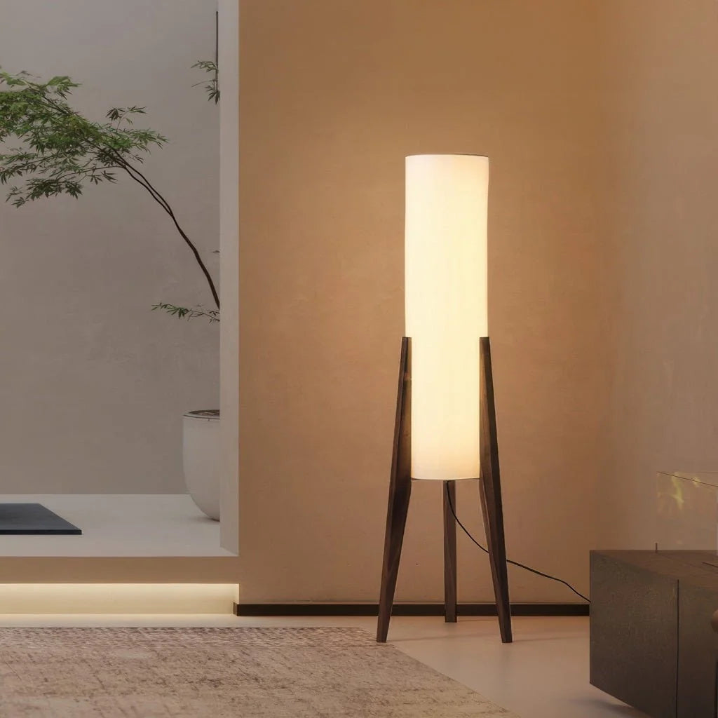 Tripod Floor Lamp Tall Fabric Shade Tapered Wooden Legs