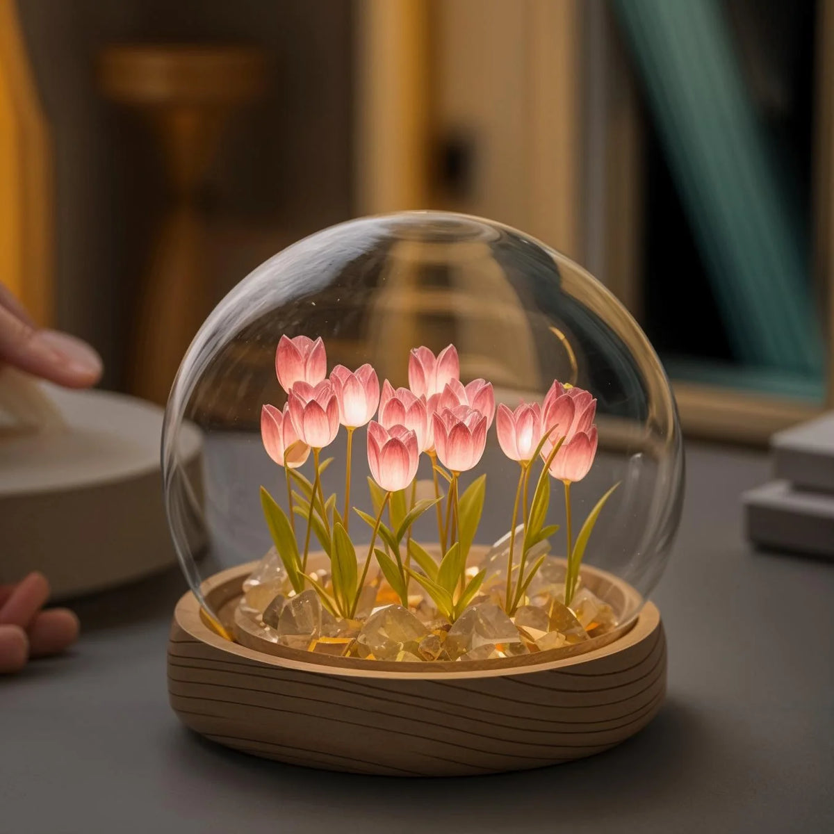 Tulip Lamp Warm White LED Battery Powered Glass Dome
