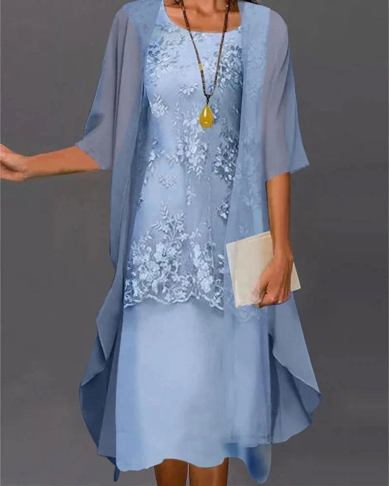Two-Piece Dress Set Flowing Semi-Sheer Overlay Structured Inner