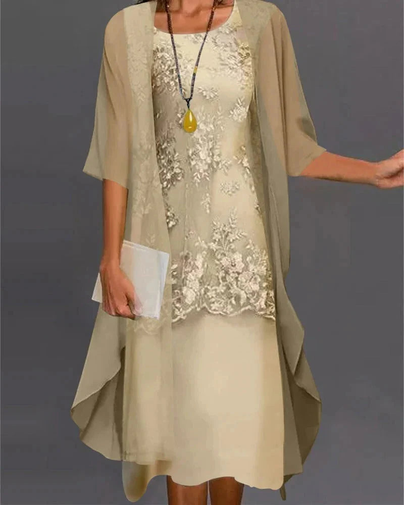 Two-Piece Dress Set Flowing Semi-Sheer Overlay Structured Inner
