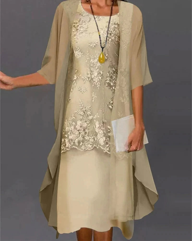 Two-Piece Dress Set Flowing Semi-Sheer Overlay Structured Inner