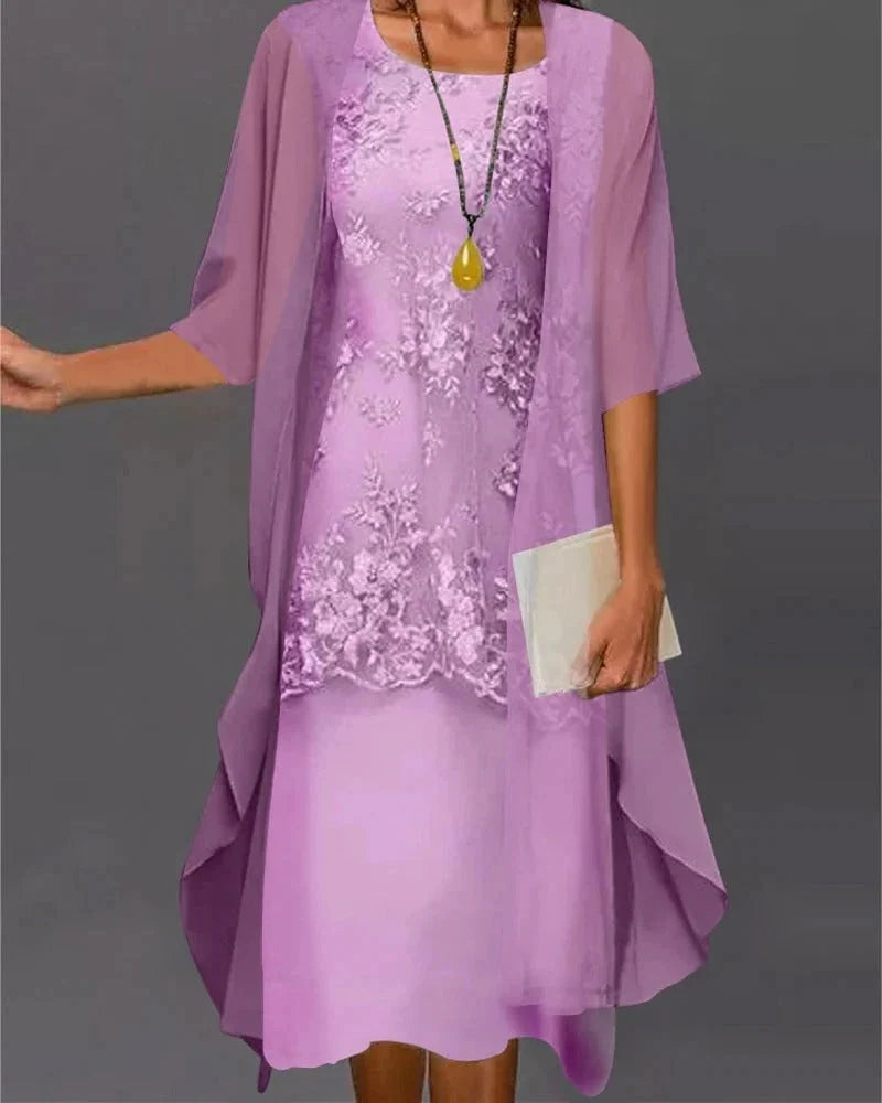 Two-Piece Dress Set Flowing Semi-Sheer Overlay Structured Inner