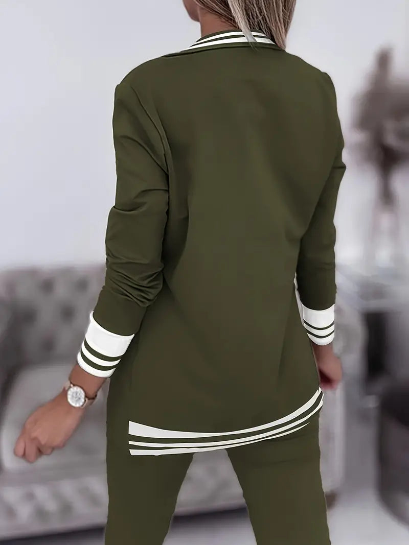 Two Piece Set Striped Collared Blazer & Drawstring Trousers