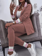 Two Piece Set Striped Collared Blazer & Drawstring Trousers