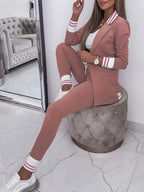 Two Piece Set Striped Collared Blazer & Drawstring Trousers