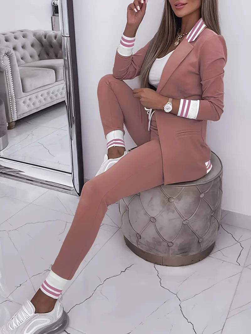 Two Piece Set Striped Collared Blazer & Drawstring Trousers