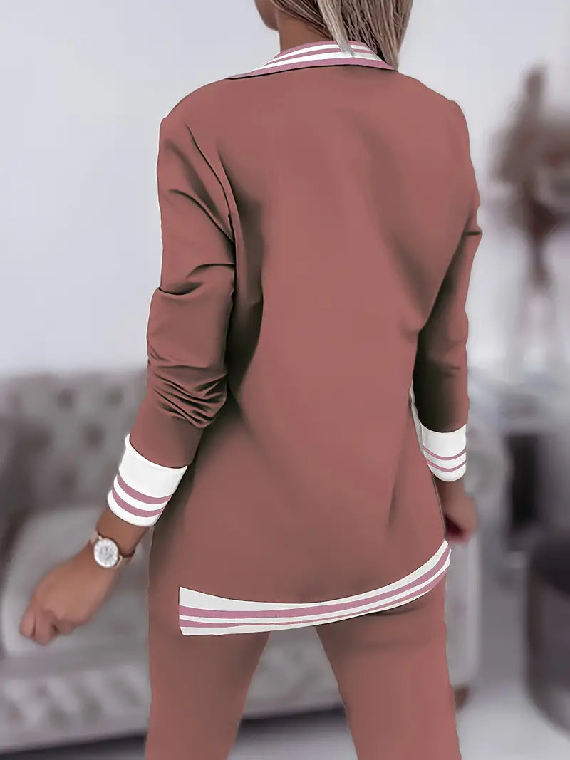 Two Piece Set Striped Collared Blazer & Drawstring Trousers
